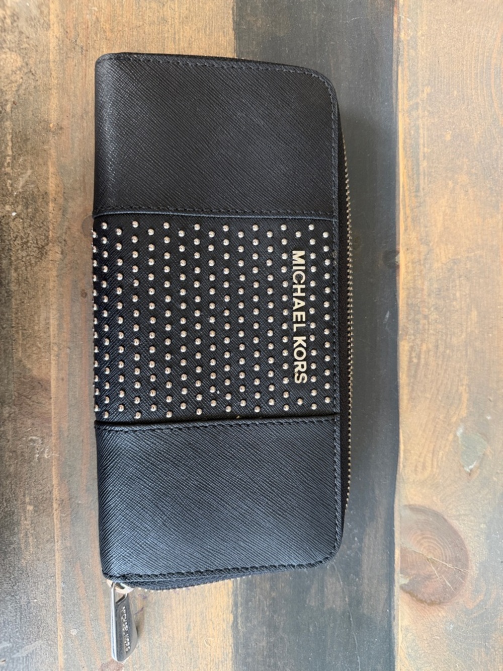 Michael Kors Black Studded Zip Wallet with Gold Logo